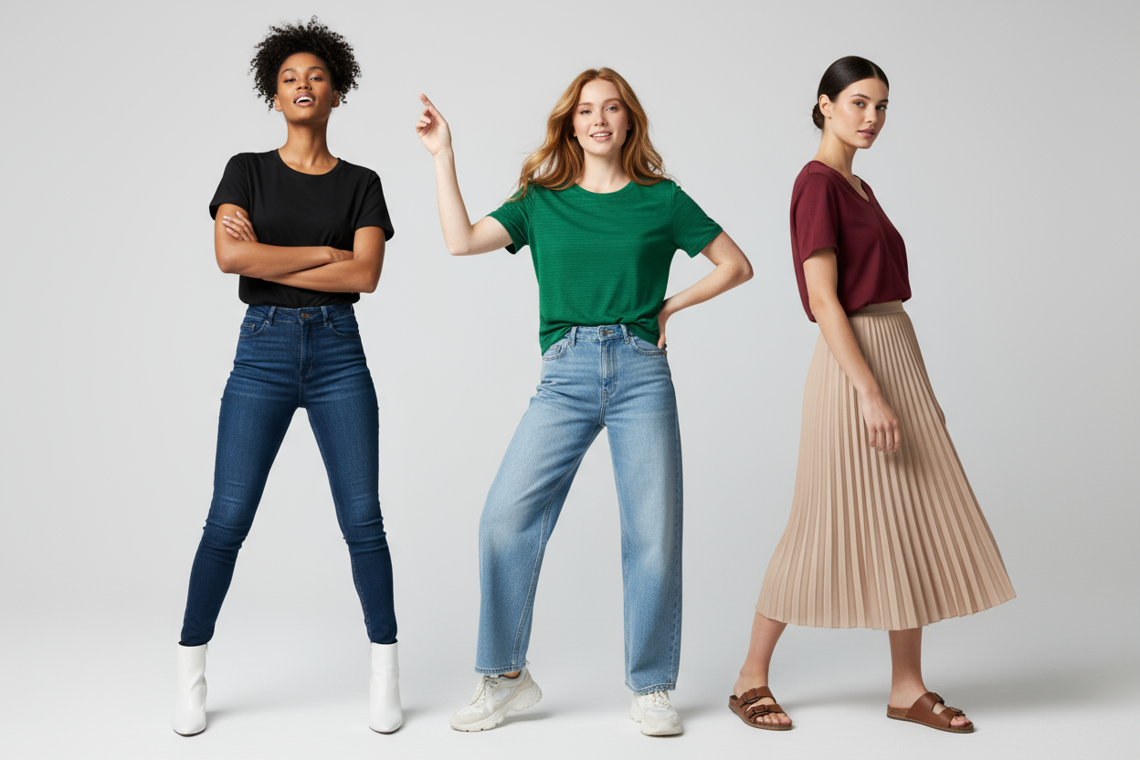 3 models standing in different positions flaunting there t-shirts ,one is wearing a black t-shirt ,other one is wearing a green t-shirt and the last one is wearing a maroon color t-shirt. all of them are very pretty