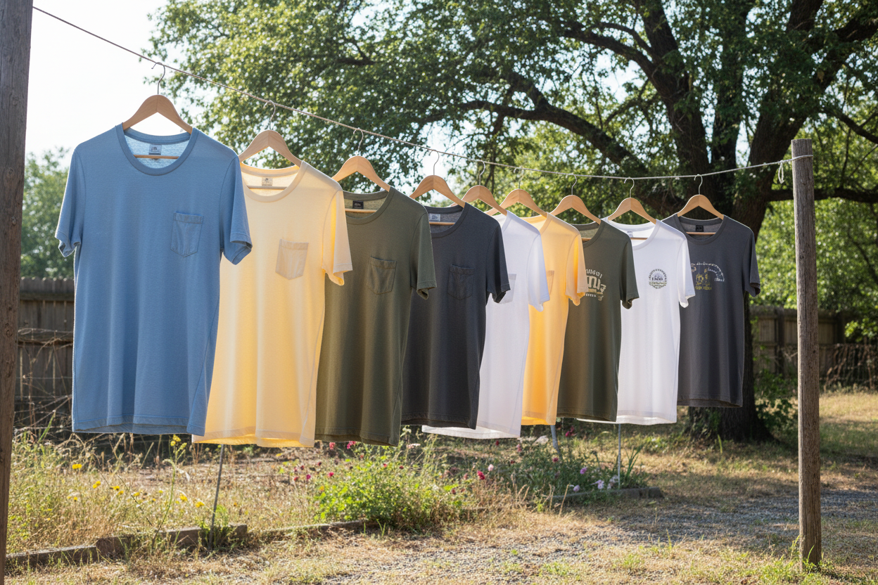 t-shirts handing on a hanger out in the oppen